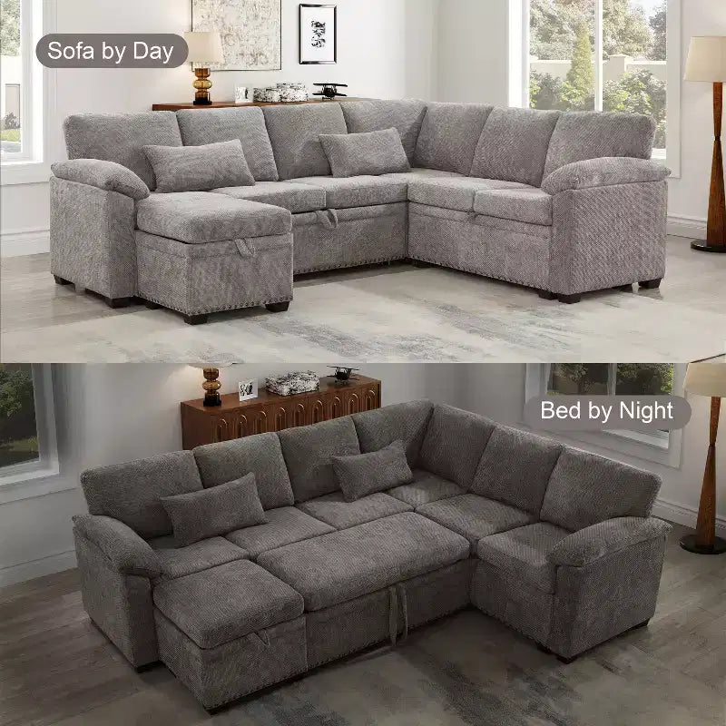 GDFStudio Hysa Modern 97'' L Shaped Chenille Upholstered 7-Seater Sectional Storage Sofa with 1 Ottoman and 2 Pillows