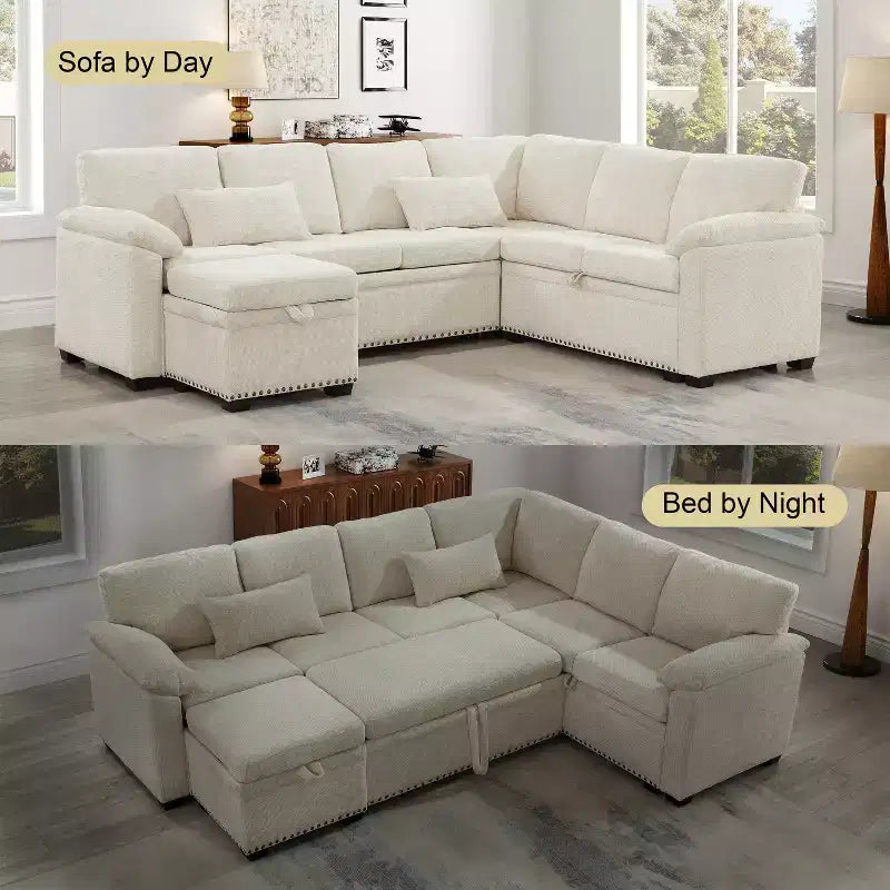 GDFStudio Hysa Modern 97'' L Shaped Chenille Upholstered 7-Seater Sectional Storage Sofa with 1 Ottoman and 2 Pillows