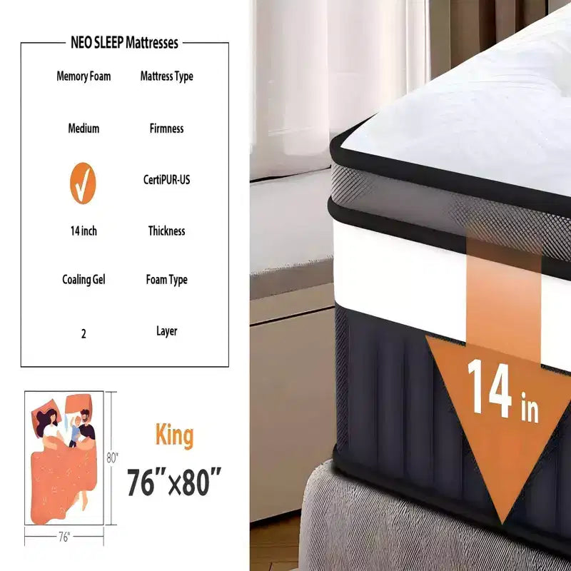Queen Mattress, 14 Inch Gel Memory Foam and Individually Pocket Innerspring Hybrid Mattress, Queen Bed Mattress in a Box, CertiPUR-US Certified