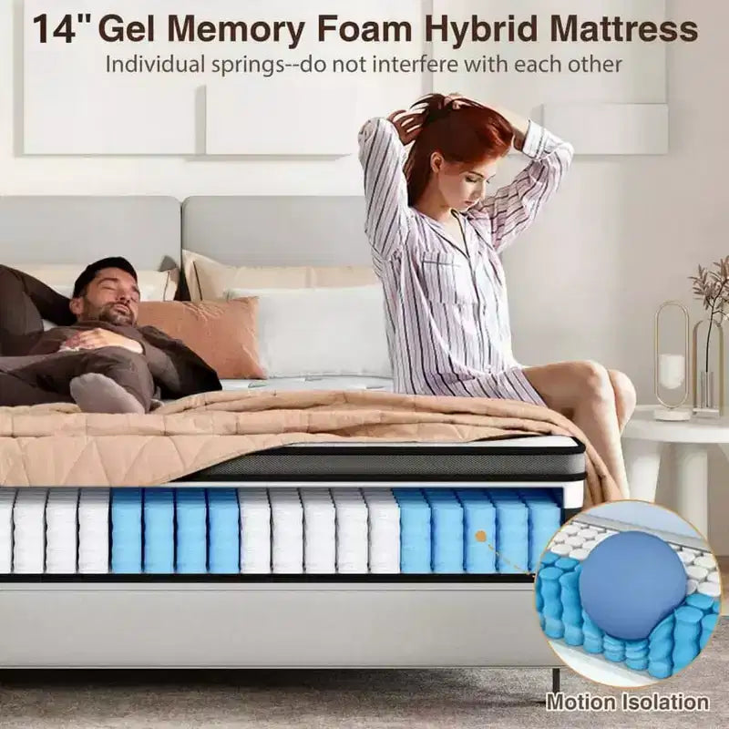 Queen Mattress, 14 Inch Gel Memory Foam and Individually Pocket Innerspring Hybrid Mattress, Queen Bed Mattress in a Box, CertiPUR-US Certified