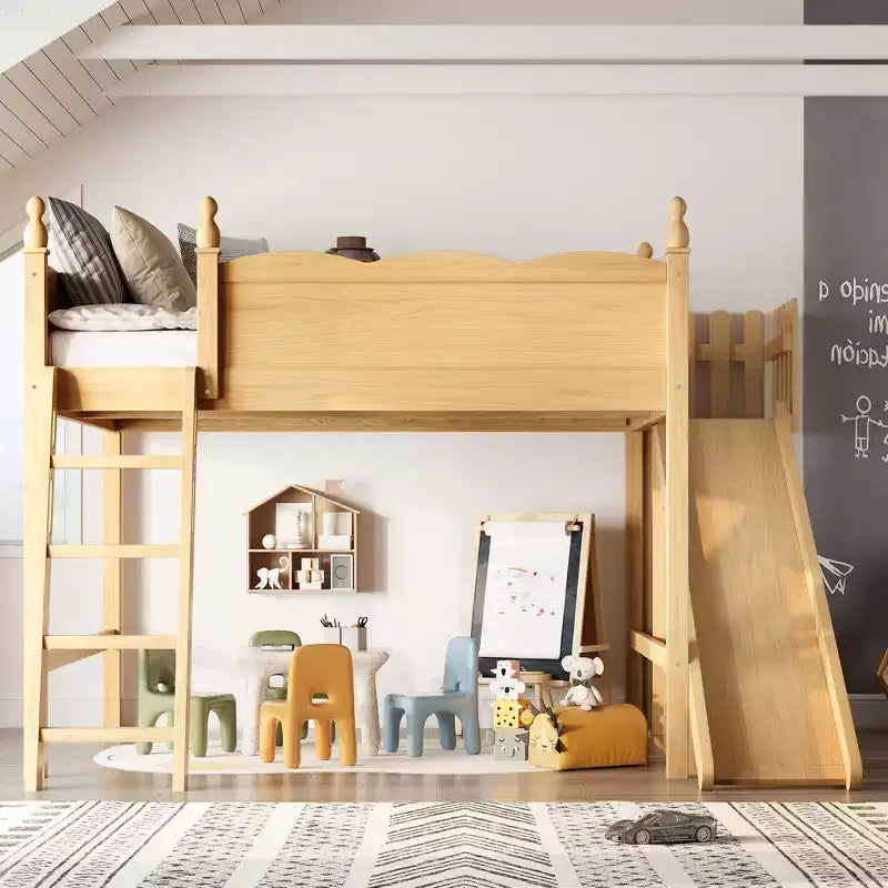 Bellemave Queen Loft Bed with Guardrail,Storage Shelves and Cabinet,Solid Wood Loft Bed Frame with Detachable Slide and Ladders for Kids,Natural