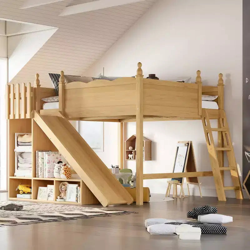 Bellemave Queen Loft Bed with Guardrail,Storage Shelves and Cabinet,Solid Wood Loft Bed Frame with Detachable Slide and Ladders for Kids,Natural