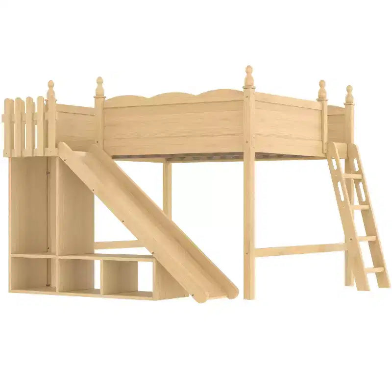 Bellemave Queen Loft Bed with Guardrail,Storage Shelves and Cabinet,Solid Wood Loft Bed Frame with Detachable Slide and Ladders for Kids,Natural