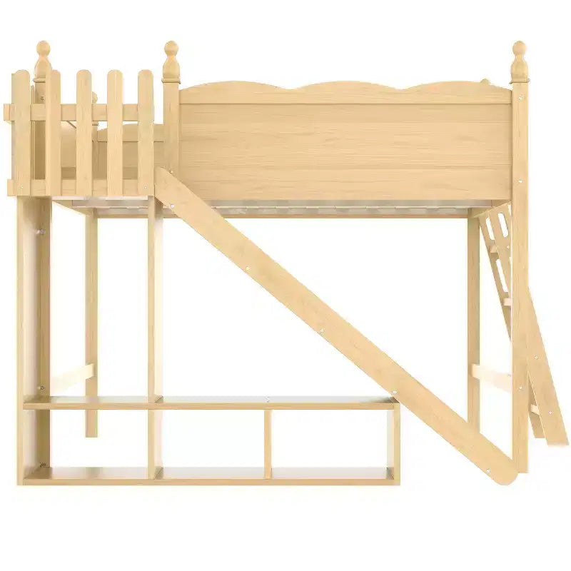 Bellemave Queen Loft Bed with Guardrail,Storage Shelves and Cabinet,Solid Wood Loft Bed Frame with Detachable Slide and Ladders for Kids,Natural