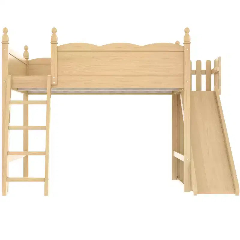 Bellemave Queen Loft Bed with Guardrail,Storage Shelves and Cabinet,Solid Wood Loft Bed Frame with Detachable Slide and Ladders for Kids,Natural
