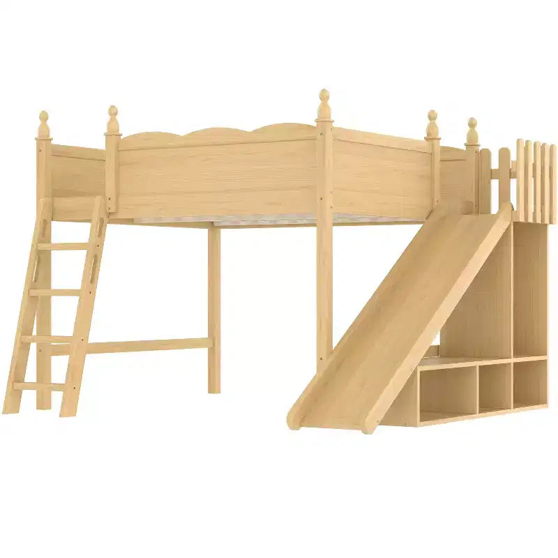 Bellemave Queen Loft Bed with Guardrail,Storage Shelves and Cabinet,Solid Wood Loft Bed Frame with Detachable Slide and Ladders for Kids,Natural