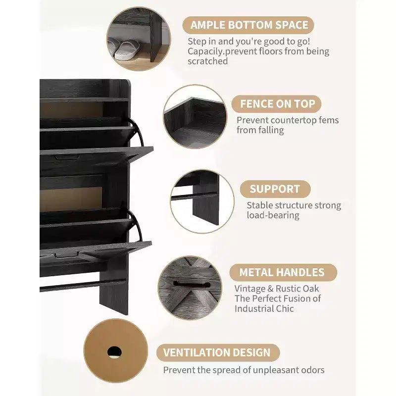 Acekool Slim Shoe Storage Cabinet for Entryway, 2 Flip Drawer Hidden Shoe Rack, Narrow Shoe Organizer