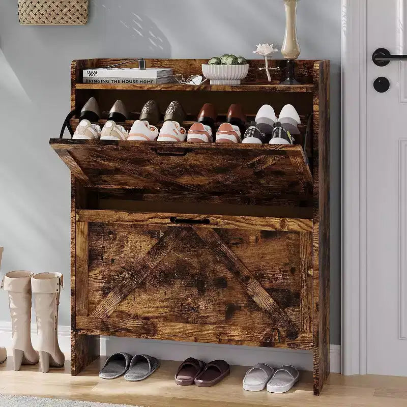 Acekool Slim Shoe Storage Cabinet for Entryway, 2 Flip Drawer Hidden Shoe Rack, Narrow Shoe Organizer