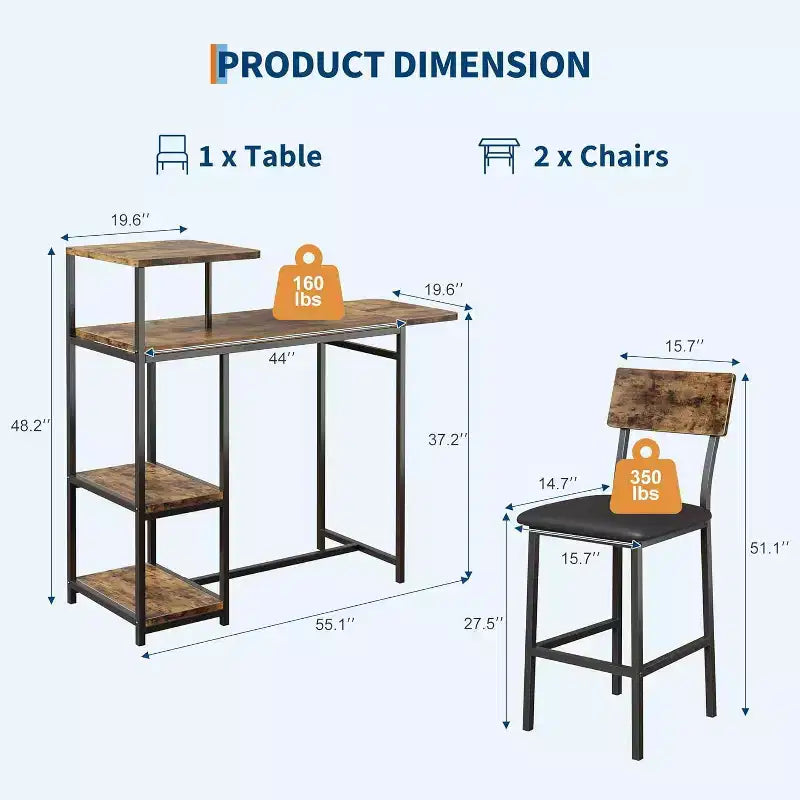 Acekool Expandable Dining Table Set for 2 with Storage Shelves and Wine Rack, 3 Piece Space-Saving Bar Table and Chairs