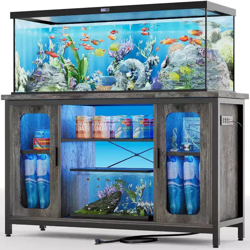 Besiost Console Table with Charging Station, 55-75 Gallon Fish Tank Stand with Storage Cabinet
