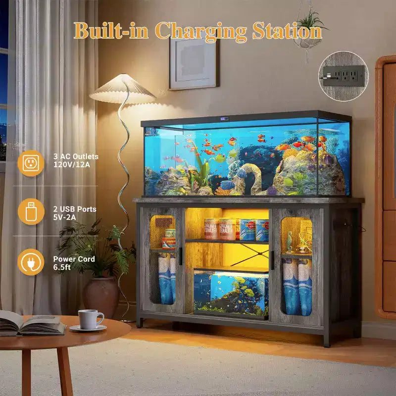Besiost Console Table with Charging Station, 55-75 Gallon Fish Tank Stand with Storage Cabinet