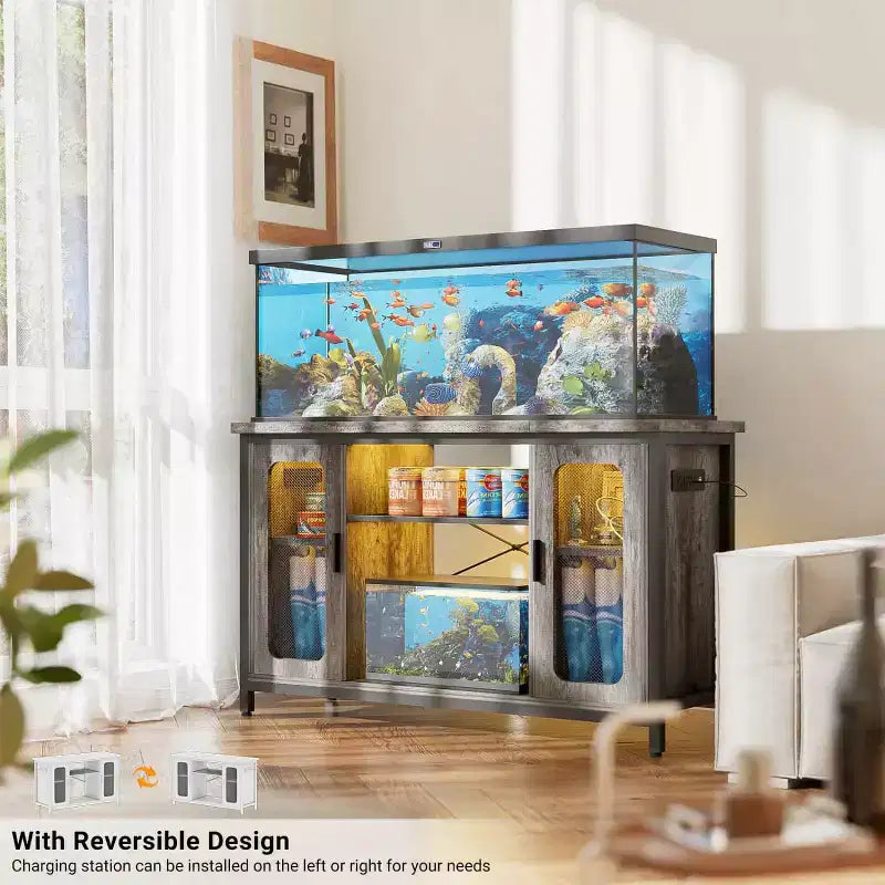 Besiost Console Table with Charging Station, 55-75 Gallon Fish Tank Stand with Storage Cabinet
