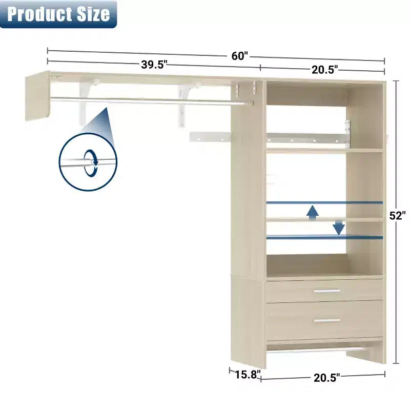 Besiost Closet Organizer System with Wood Drawers, Wall-mounted Laundry Room Storage Shelving