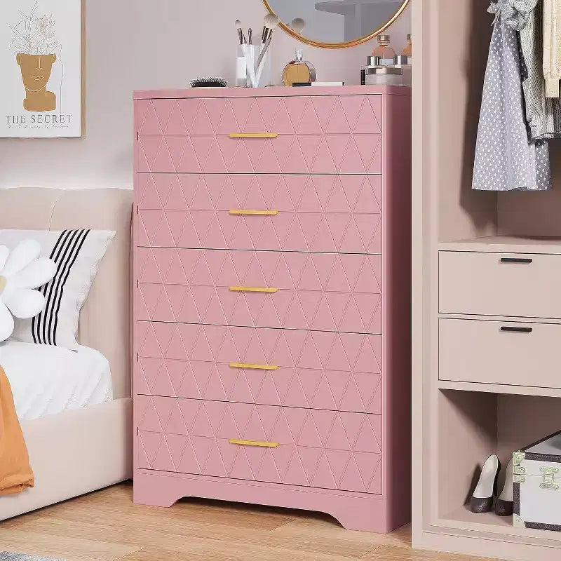 5 Drawer Tall Wood Dresser for Bedroom, Wooden Chest of Drawers with Gold Handles for Closet, Storage Cabinet and Organizer Drawers for Living Room