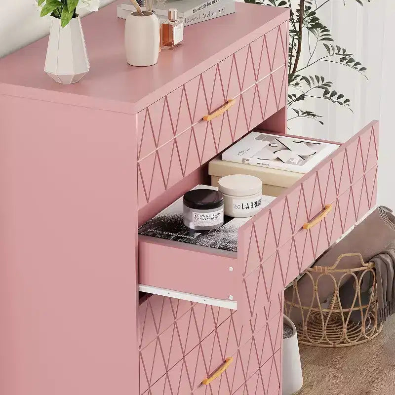 5 Drawer Tall Wood Dresser for Bedroom, Wooden Chest of Drawers with Gold Handles for Closet, Storage Cabinet and Organizer Drawers for Living Room