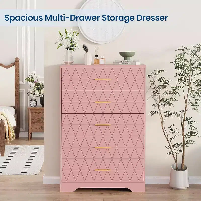 5 Drawer Tall Wood Dresser for Bedroom, Wooden Chest of Drawers with Gold Handles for Closet, Storage Cabinet and Organizer Drawers for Living Room