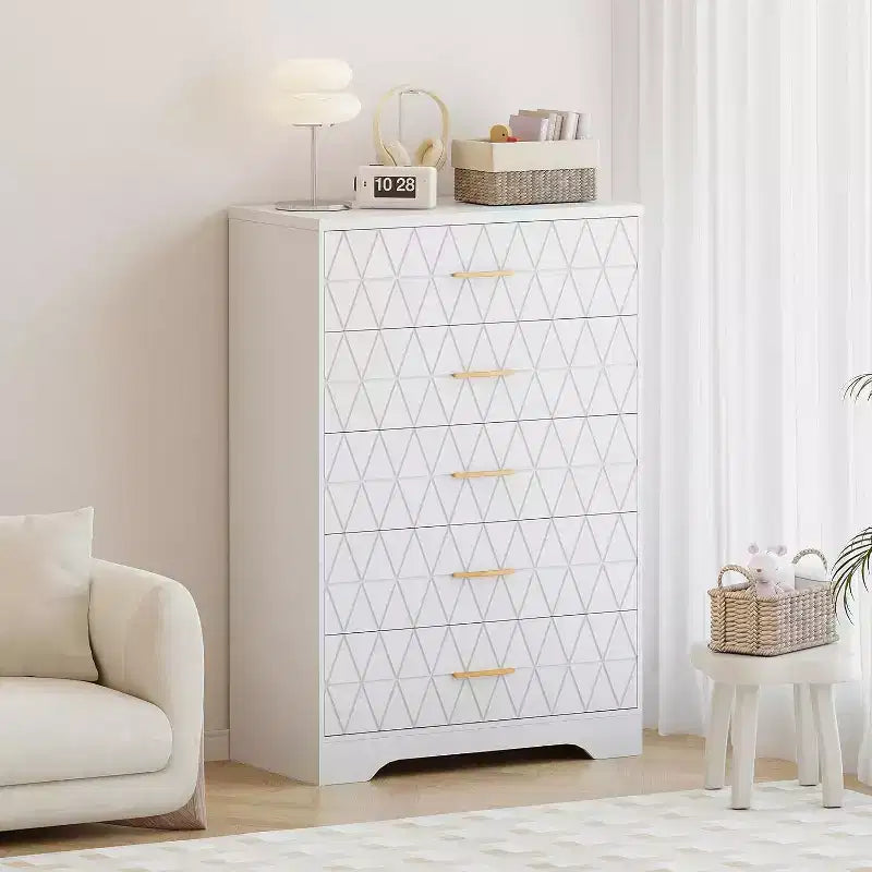 5 Drawer Tall Wood Dresser for Bedroom, Wooden Chest of Drawers with Gold Handles for Closet, Storage Cabinet and Organizer Drawers for Living Room
