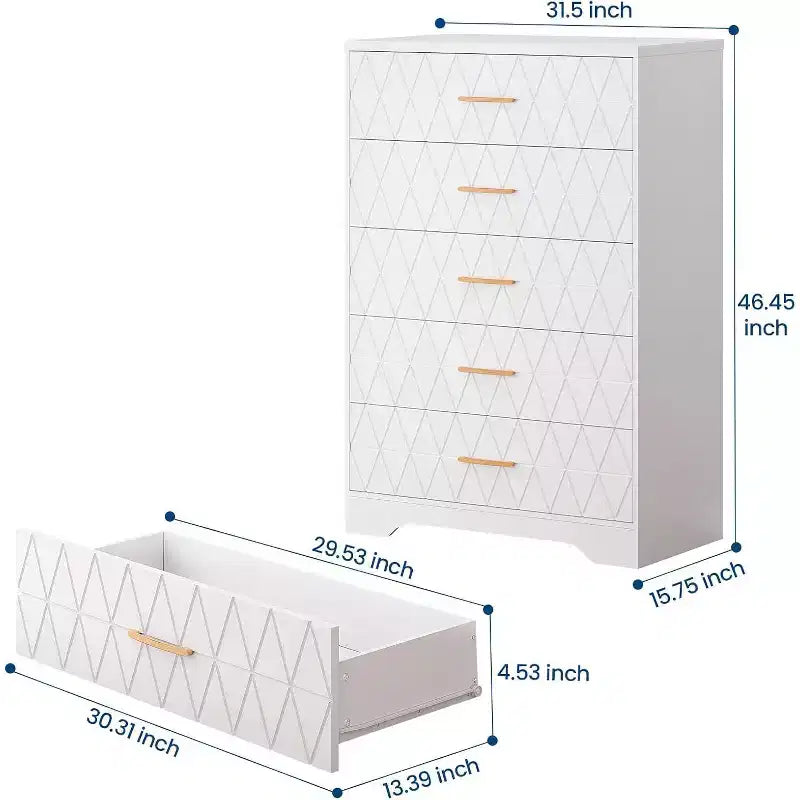 5 Drawer Tall Wood Dresser for Bedroom, Wooden Chest of Drawers with Gold Handles for Closet, Storage Cabinet and Organizer Drawers for Living Room