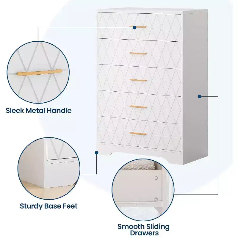 5 Drawer Tall Wood Dresser for Bedroom, Wooden Chest of Drawers with Gold Handles for Closet, Storage Cabinet and Organizer Drawers for Living Room