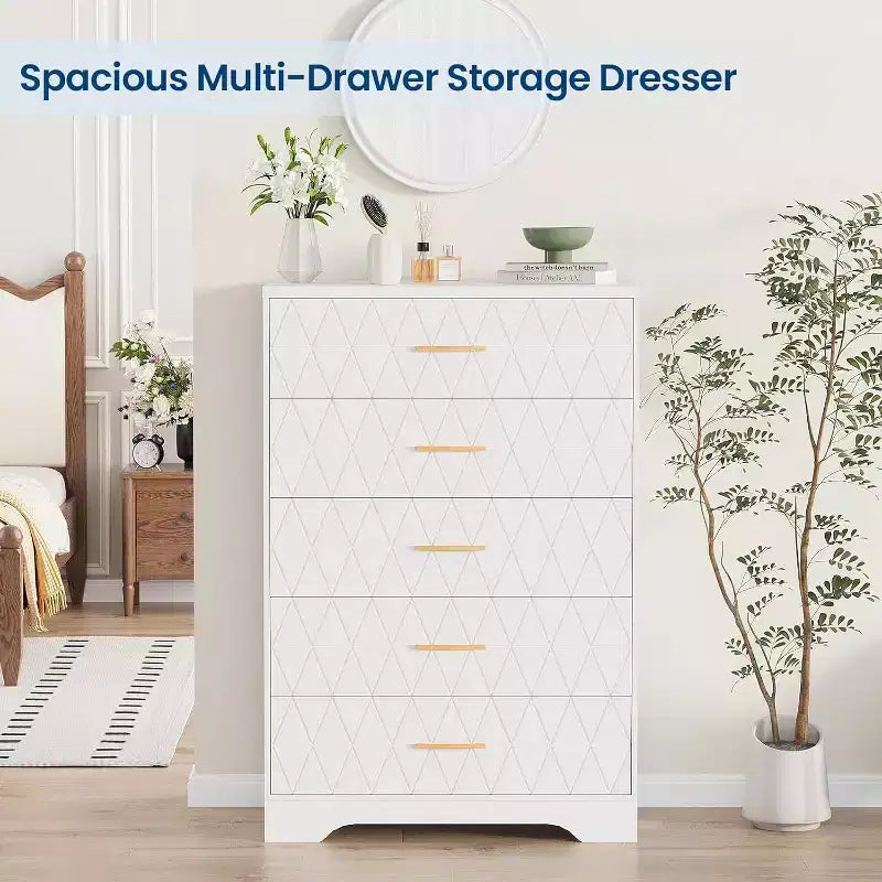 5 Drawer Tall Wood Dresser for Bedroom, Wooden Chest of Drawers with Gold Handles for Closet, Storage Cabinet and Organizer Drawers for Living Room