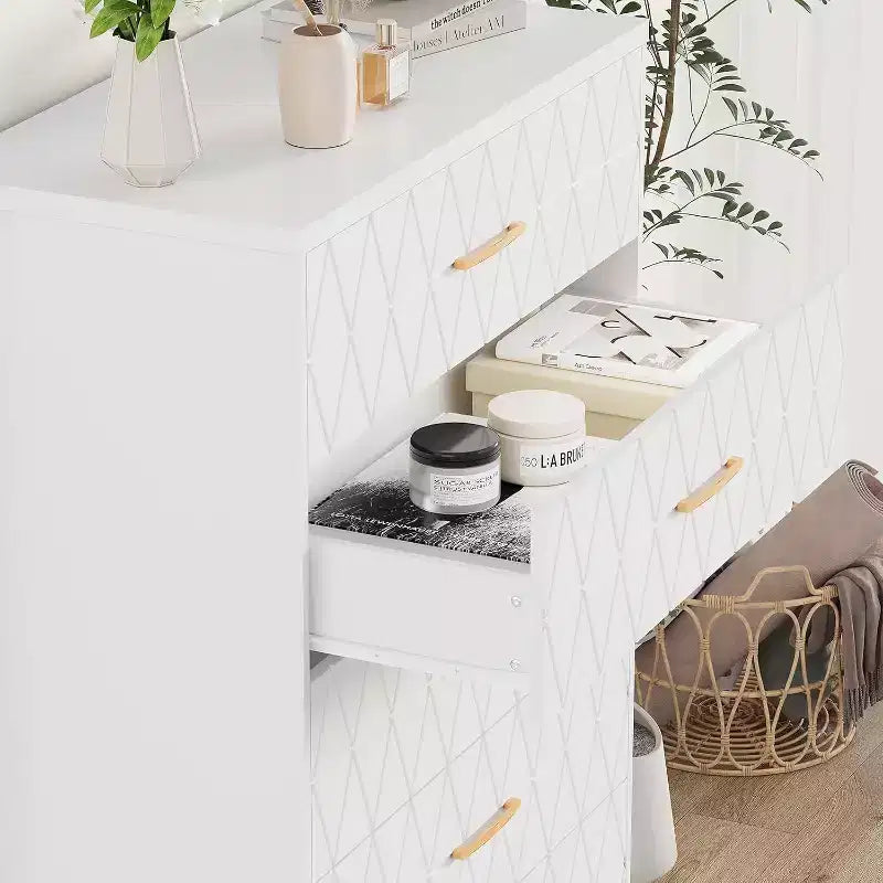 5 Drawer Tall Wood Dresser for Bedroom, Wooden Chest of Drawers with Gold Handles for Closet, Storage Cabinet and Organizer Drawers for Living Room