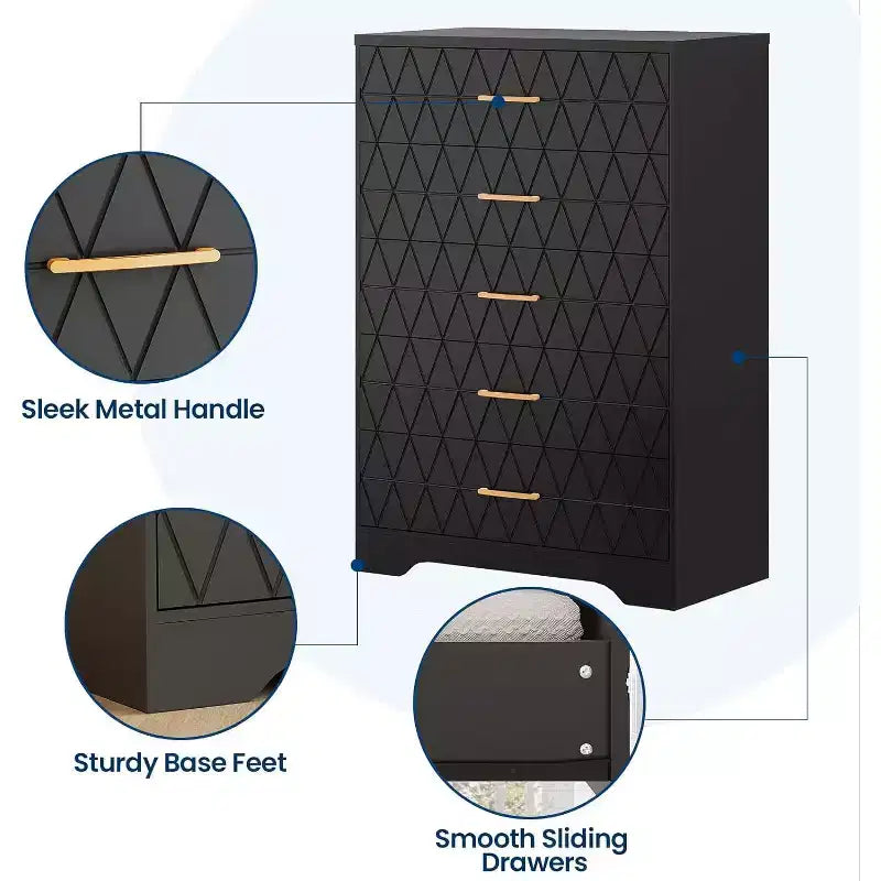 5 Drawer Tall Wood Dresser for Bedroom, Wooden Chest of Drawers with Gold Handles for Closet, Storage Cabinet and Organizer Drawers for Living Room