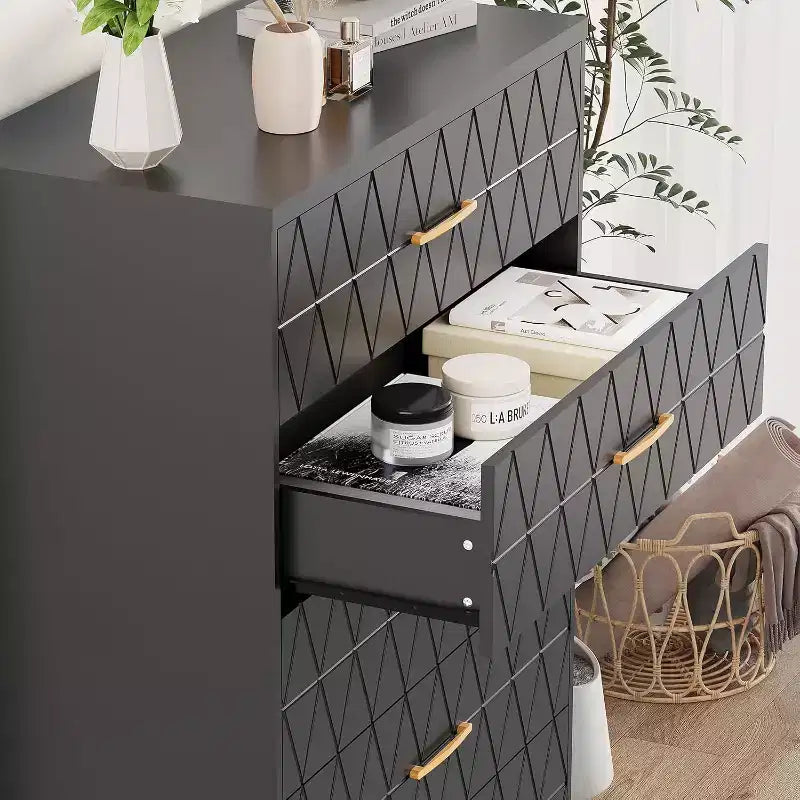 5 Drawer Tall Wood Dresser for Bedroom, Wooden Chest of Drawers with Gold Handles for Closet, Storage Cabinet and Organizer Drawers for Living Room