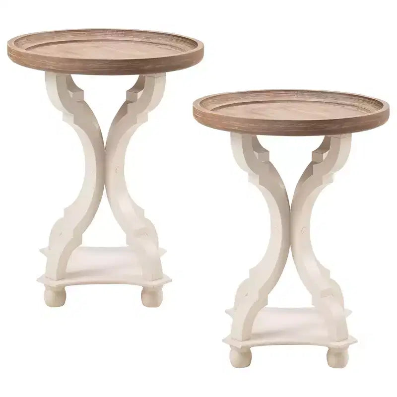 COZAYH Round Rustic Wood Accent Tray Top Nightstand Side Table, White, Set of 2