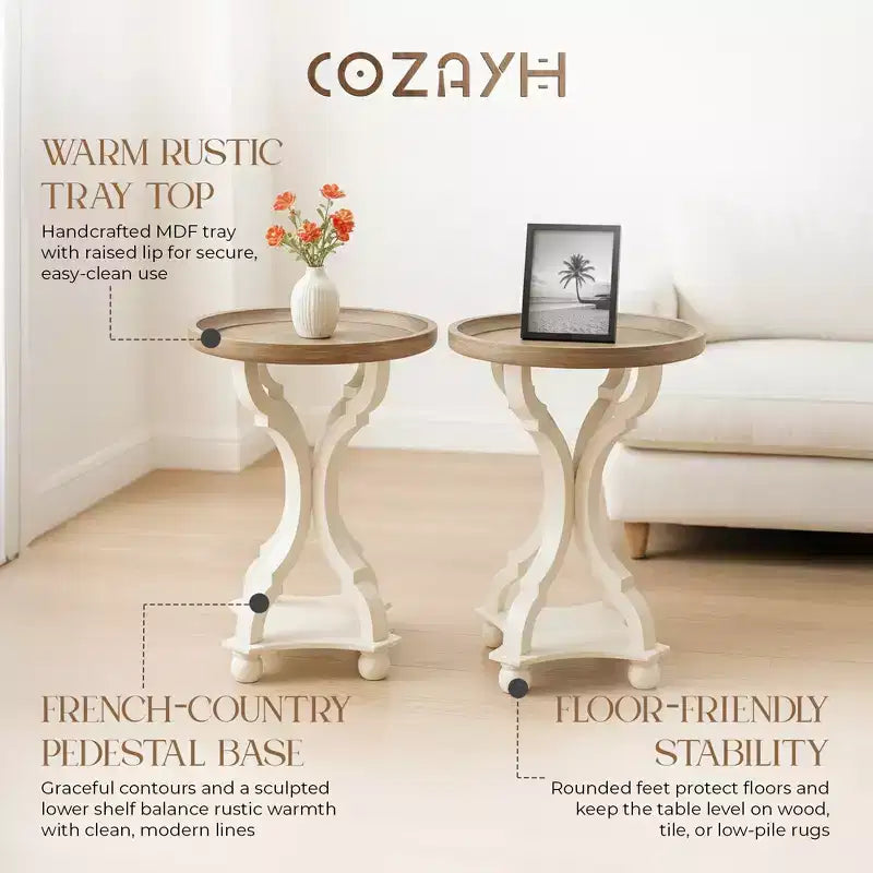 COZAYH Round Rustic Wood Accent Tray Top Nightstand Side Table, White, Set of 2