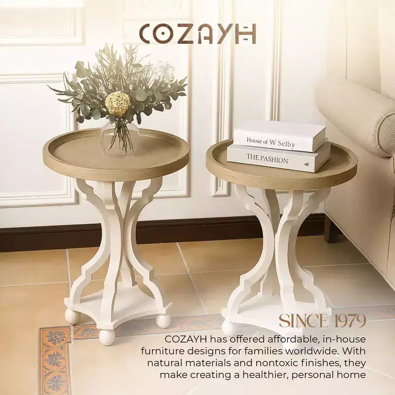 COZAYH Round Rustic Wood Accent Tray Top Nightstand Side Table, White, Set of 2