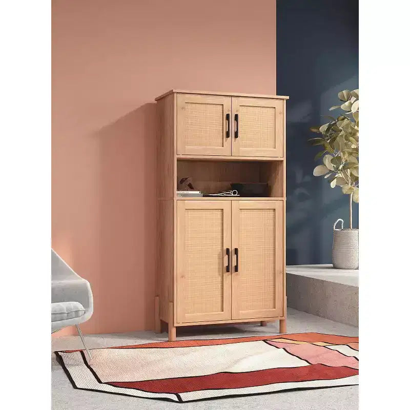 Modern 4-Door Storage Cabinet with Woven Rattan Doors & Adjustable Shelves for Living Room & Dining Room Natural