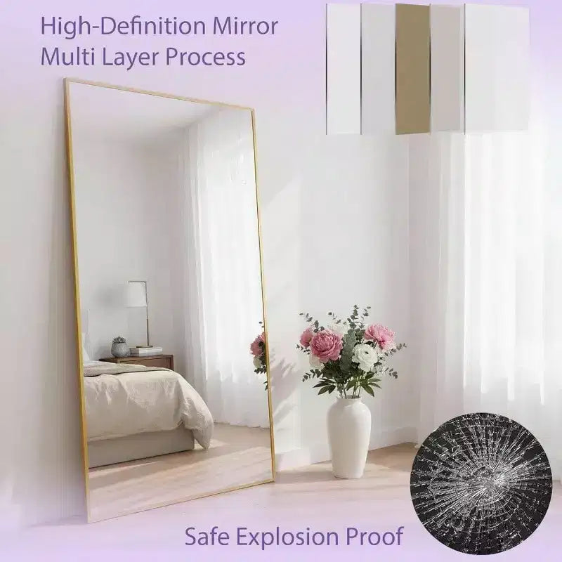 83x44 Gold Rectangular Full Length Mirror. Includes Stand for Freestanding or Wall Mounted Use in Any Room