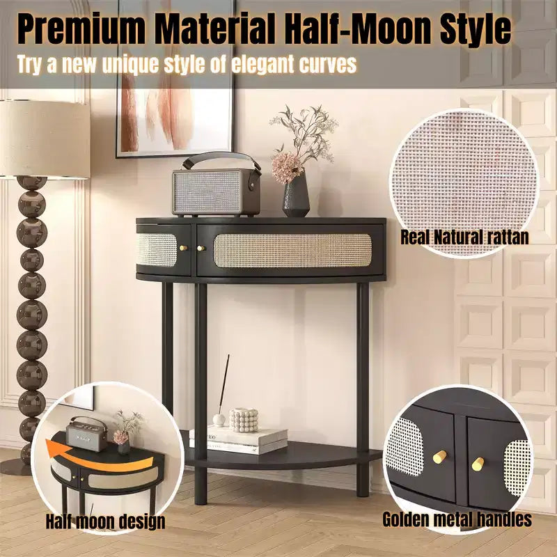 Half Moon End Table with Sliding Rattan Door, Semi-circle Entryway Console Table with Bottom Shelf for Living room Bedroom Study Hallway, Black
