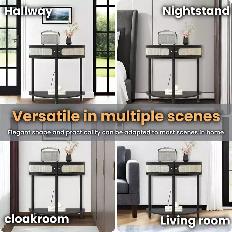 Half Moon End Table with Sliding Rattan Door, Semi-circle Entryway Console Table with Bottom Shelf for Living room Bedroom Study Hallway, Black
