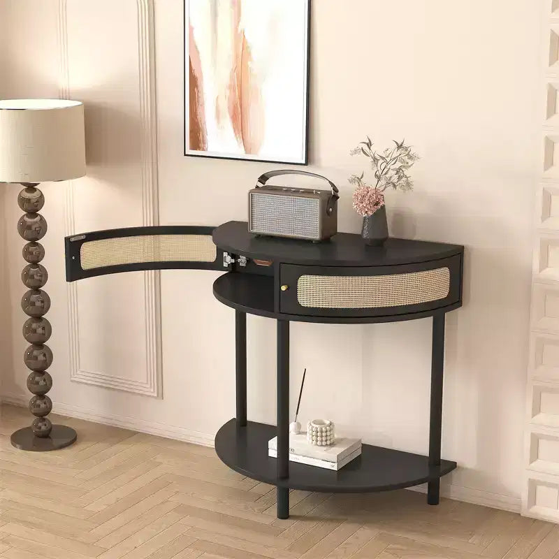 Half Moon End Table with Sliding Rattan Door, Semi-circle Entryway Console Table with Bottom Shelf for Living room Bedroom Study Hallway, Black