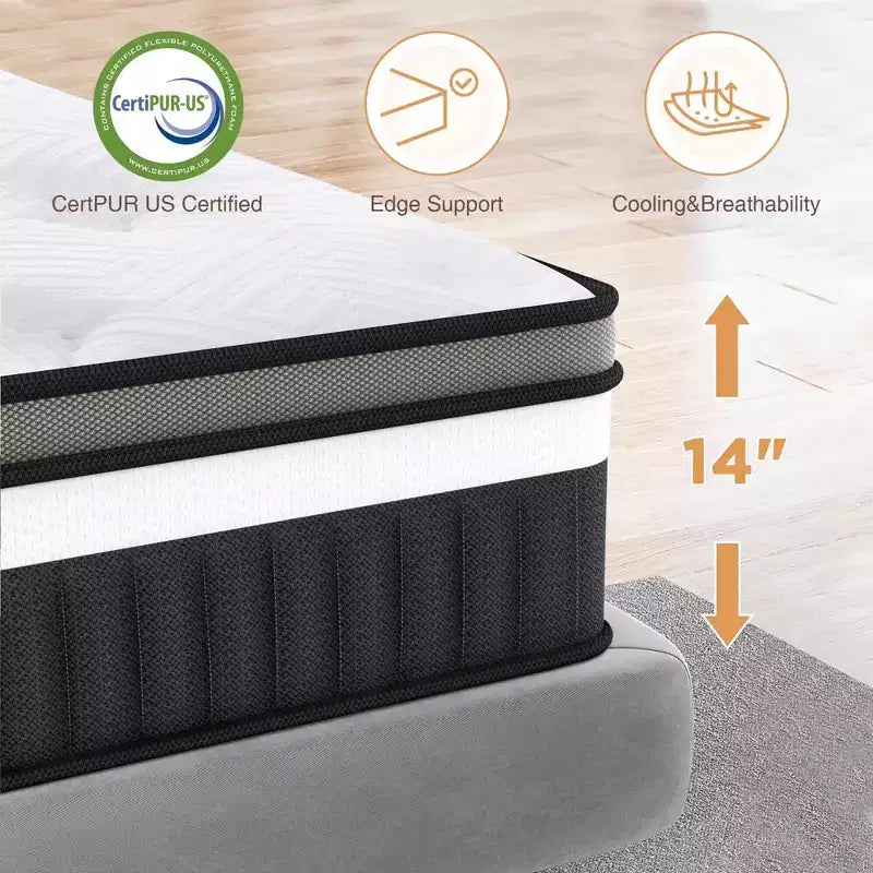 14 Inch King Size Memory Foam Mattress, Hybrid Innerspring Mattress in a Box, Silent Pocket Coils for Motion Isolation & Pressure Relief, Medium Firm