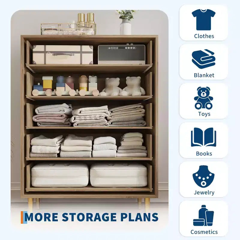5 Drawer Dresser for Bedroom, 43''H Chest of Drawers with Bar Handles, Storage Dresser Organizer, Dresser Narrow Nightstand for Bedroom