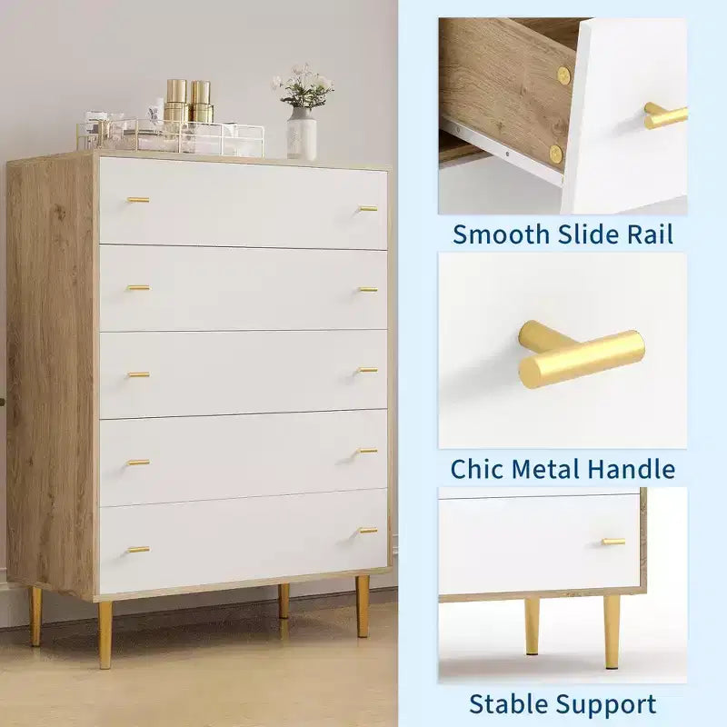 5 Drawer Dresser for Bedroom, 43''H Chest of Drawers with Bar Handles, Storage Dresser Organizer, Dresser Narrow Nightstand for Bedroom