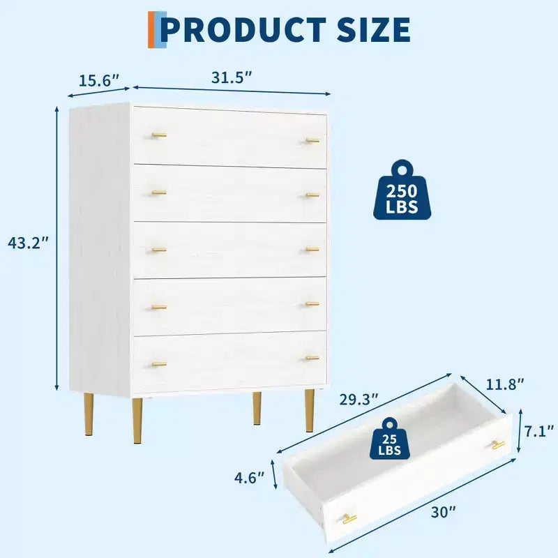 5 Drawer Dresser for Bedroom, 43''H Chest of Drawers with Bar Handles, Storage Dresser Organizer, Dresser Narrow Nightstand for Bedroom