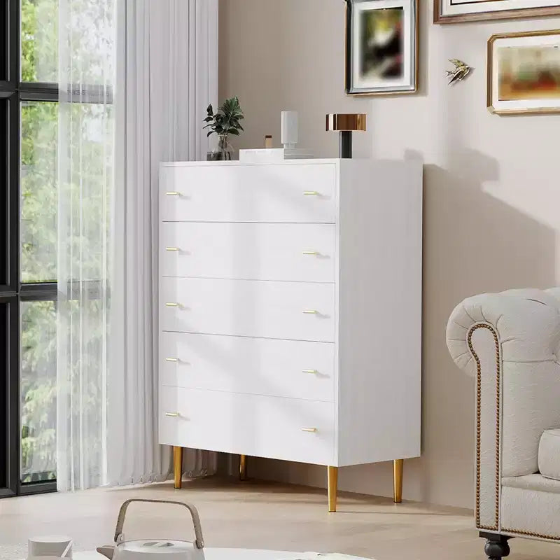 5 Drawer Dresser for Bedroom, 43''H Chest of Drawers with Bar Handles, Storage Dresser Organizer, Dresser Narrow Nightstand for Bedroom