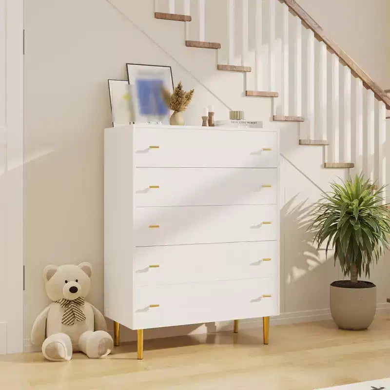 5 Drawer Dresser for Bedroom, 43''H Chest of Drawers with Bar Handles, Storage Dresser Organizer, Dresser Narrow Nightstand for Bedroom