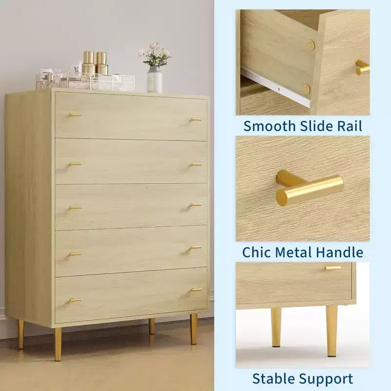 5 Drawer Dresser for Bedroom, 43''H Chest of Drawers with Bar Handles, Storage Dresser Organizer, Dresser Narrow Nightstand for Bedroom