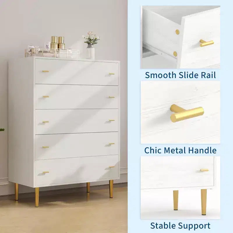 5 Drawer Dresser for Bedroom, 43''H Chest of Drawers with Bar Handles, Storage Dresser Organizer, Dresser Narrow Nightstand for Bedroom