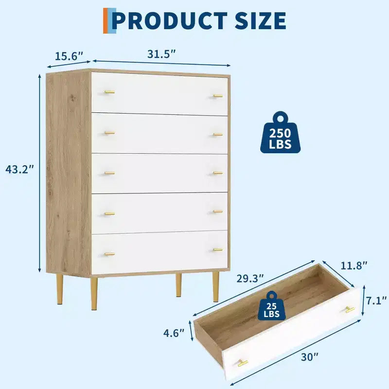5 Drawer Dresser for Bedroom, 43''H Chest of Drawers with Bar Handles, Storage Dresser Organizer, Dresser Narrow Nightstand for Bedroom