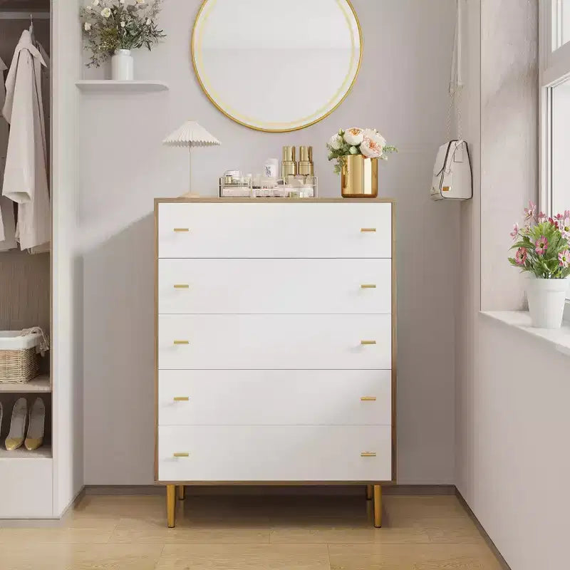 5 Drawer Dresser for Bedroom, 43''H Chest of Drawers with Bar Handles, Storage Dresser Organizer, Dresser Narrow Nightstand for Bedroom