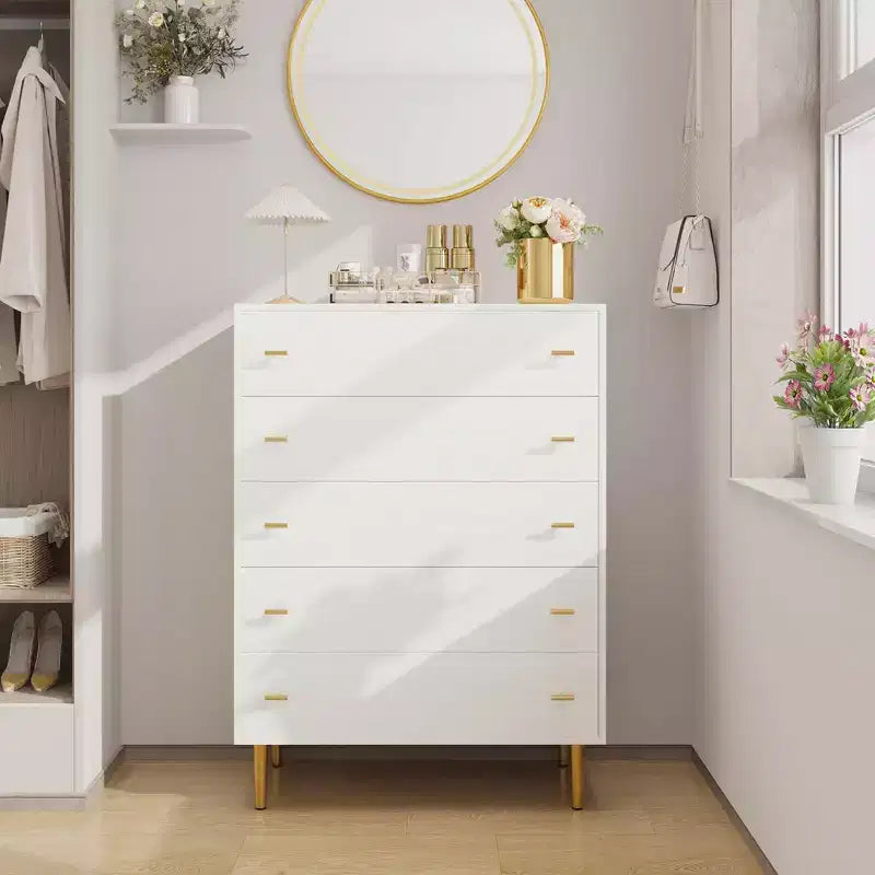 5 Drawer Dresser for Bedroom, 43''H Chest of Drawers with Bar Handles, Storage Dresser Organizer, Dresser Narrow Nightstand for Bedroom