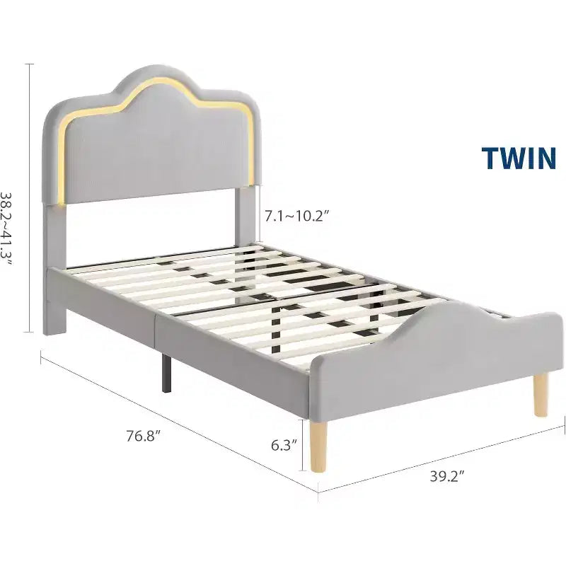 Twin Size Bed Frame, Headboard and Footboard, Velvet Upholstered Princess Platform Bedframe for Kids, Wooden Slats Support, No Box Spring Needed