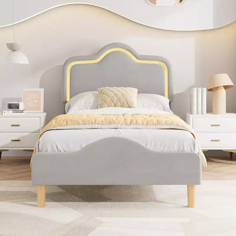 Twin Size Bed Frame, Headboard and Footboard, Velvet Upholstered Princess Platform Bedframe for Kids, Wooden Slats Support, No Box Spring Needed