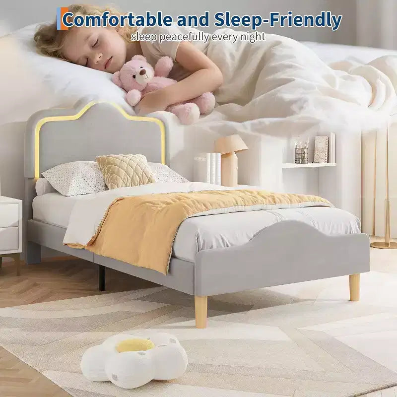 Twin Size Bed Frame, Headboard and Footboard, Velvet Upholstered Princess Platform Bedframe for Kids, Wooden Slats Support, No Box Spring Needed