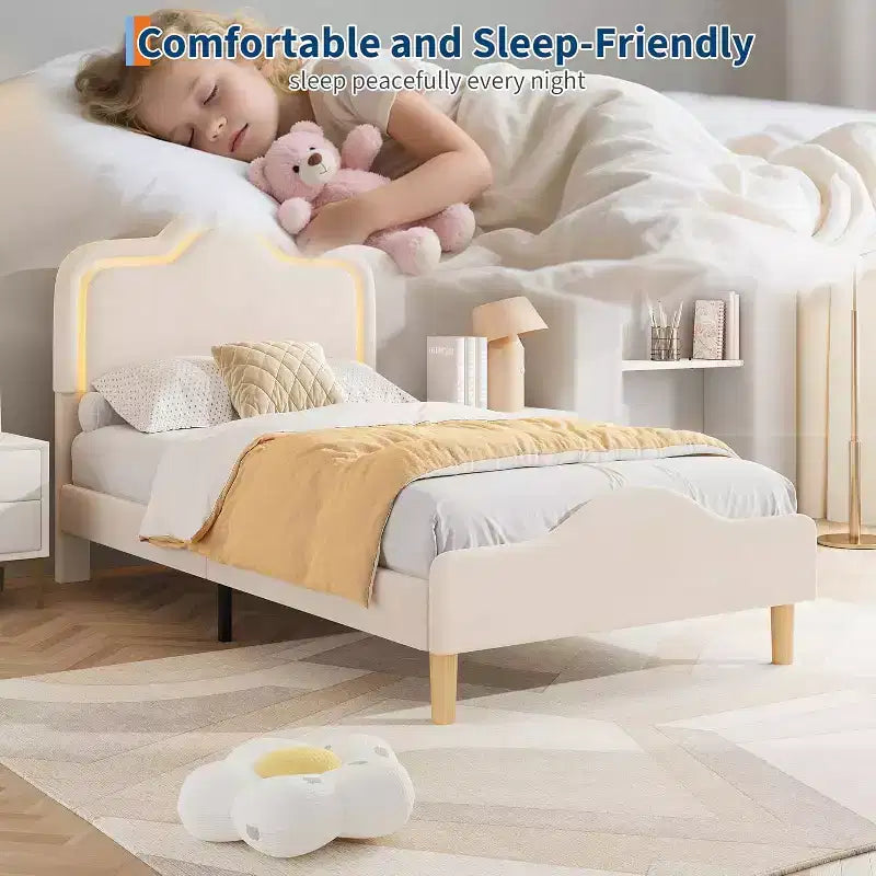 Twin Size Bed Frame, Headboard and Footboard, Velvet Upholstered Princess Platform Bedframe for Kids, Wooden Slats Support, No Box Spring Needed